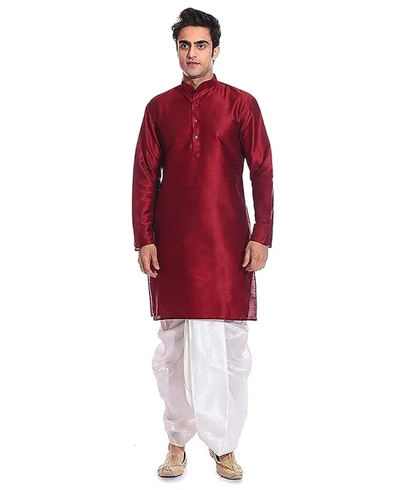Red_&_White_Dupion_Silk_Readymade_Dhoti_Kurta_Set_For_Men