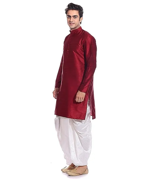 Red_&_White_Dupion_Silk_Readymade_Dhoti_Kurta_Set_For_Men