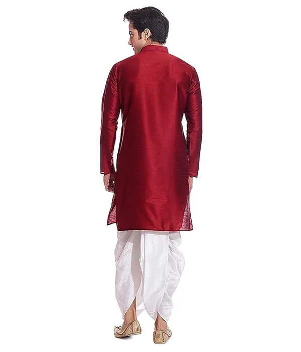 Red_&_White_Dupion_Silk_Readymade_Dhoti_Kurta_Set_For_Men