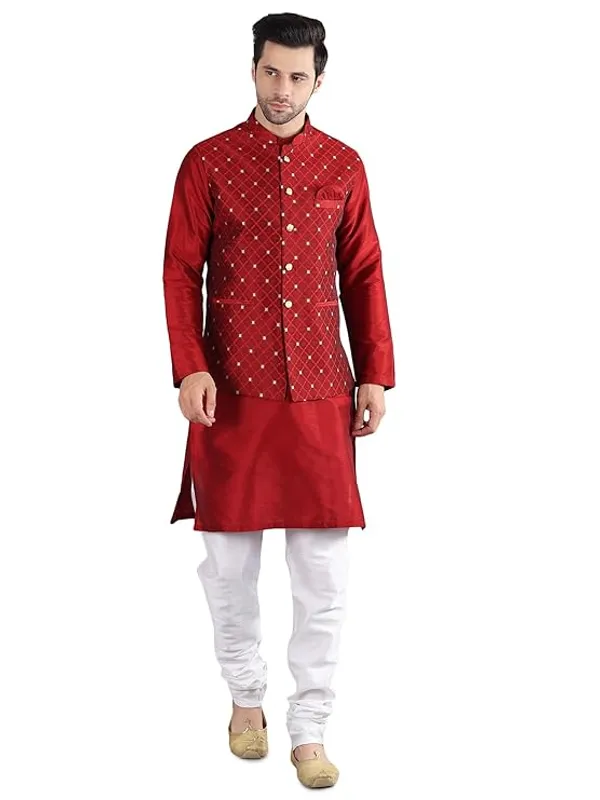 Maroon_&_Red_Silk_Blend_Kurta_Pajama_With_Designer_Ethnic_Nehru_Jacket_For_Men