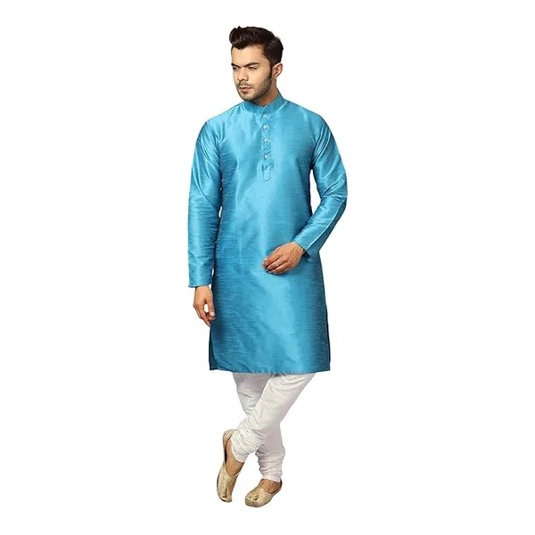 Turquoise_Banarasi_Dupion_Silk_Solid_Kurta_Churidar_Pyjama_Set_For_Men