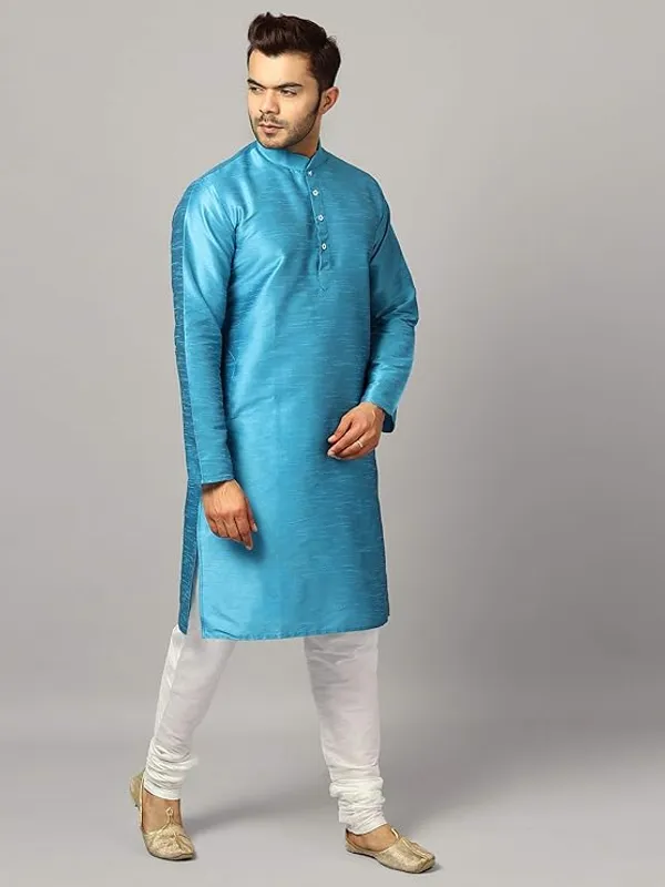Turquoise_Banarasi_Dupion_Silk_Solid_Kurta_Churidar_Pyjama_Set_For_Men