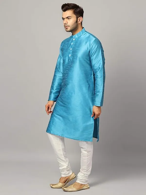 Turquoise_Banarasi_Dupion_Silk_Solid_Kurta_Churidar_Pyjama_Set_For_Men