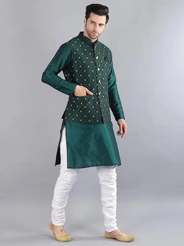 White_&_Green_Silk_Blend_Kurta_Pajama_With_Designer_Ethnic_Nehru_Jacket_For_Men