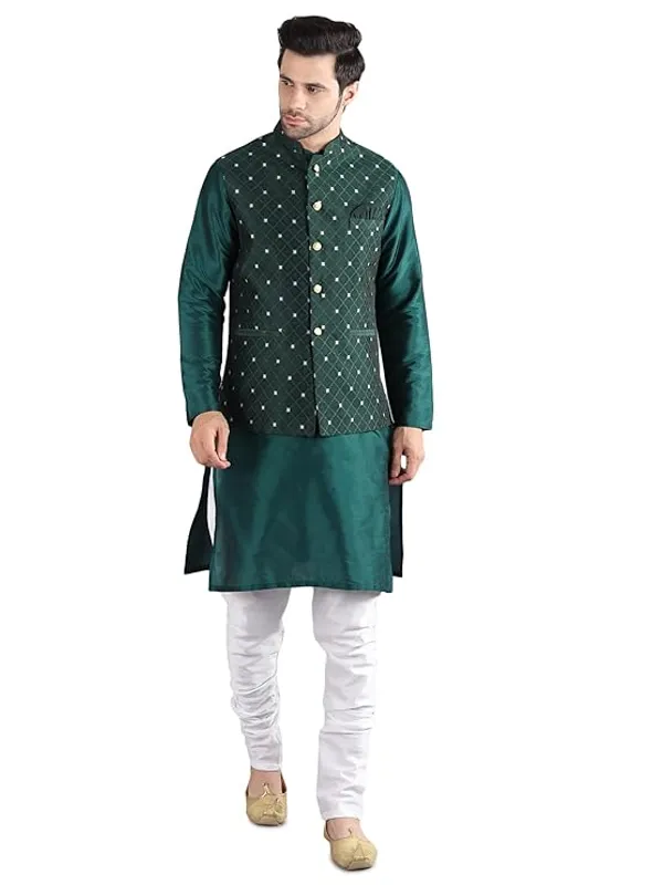 White_&_Green_Silk_Blend_Kurta_Pajama_With_Designer_Ethnic_Nehru_Jacket_For_Men