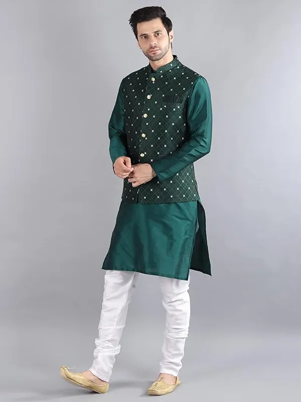 White_&_Green_Silk_Blend_Kurta_Pajama_With_Designer_Ethnic_Nehru_Jacket_For_Men