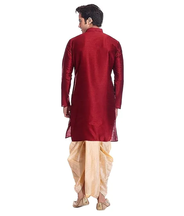 Maroon_&_Golden_Dupion_Silk_Readymade_Dhoti_Kurta_Set_For_Men