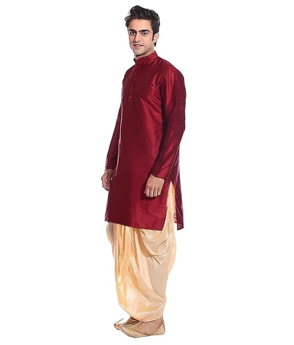 Maroon_&_Golden_Dupion_Silk_Readymade_Dhoti_Kurta_Set_For_Men