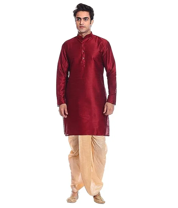 Maroon_&_Golden_Dupion_Silk_Readymade_Dhoti_Kurta_Set_For_Men