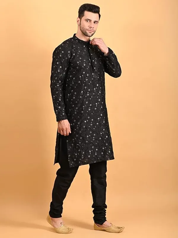 Black_Embroidery_Silk_Kurta_Pyjama_Set_For_Men