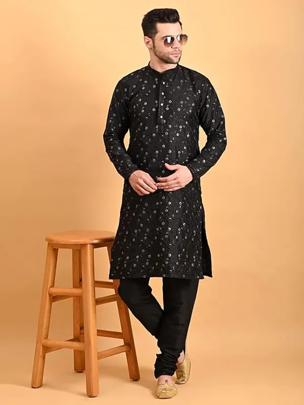 Black_Embroidery_Silk_Kurta_Pyjama_Set_For_Men