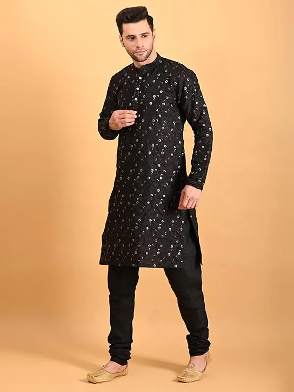Black_Embroidery_Silk_Kurta_Pyjama_Set_For_Men