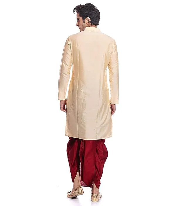 Golden_&_Red_Dupion_Silk_Readymade_Dhoti_Kurta_Set_For_Men