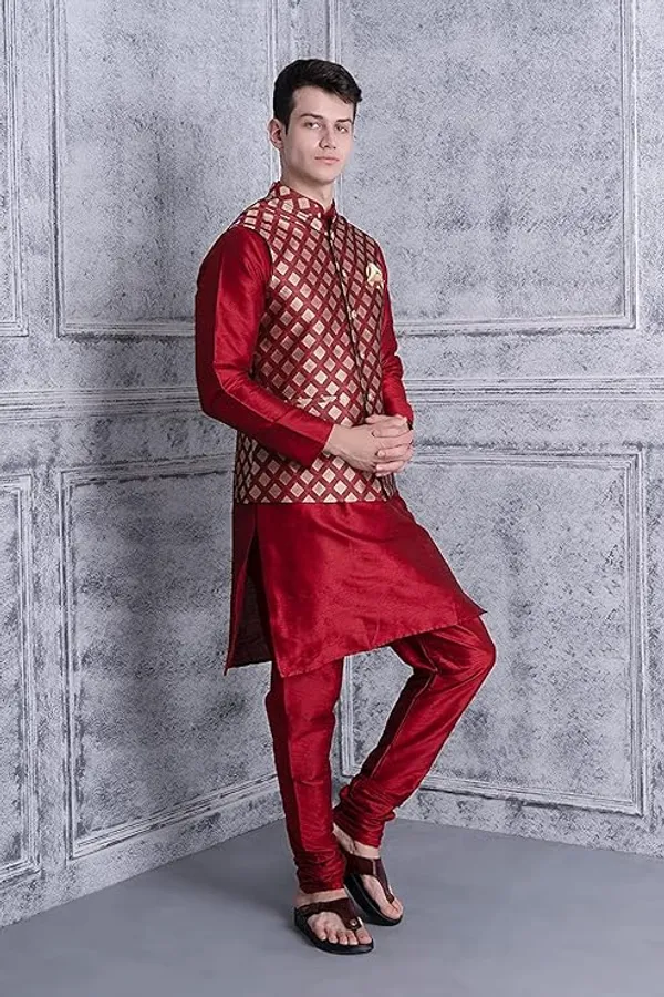 Maroon_Silk_Blend_Kurta_Pajama_With_Designer_Ethnic_Nehru_Jacket_For_Men