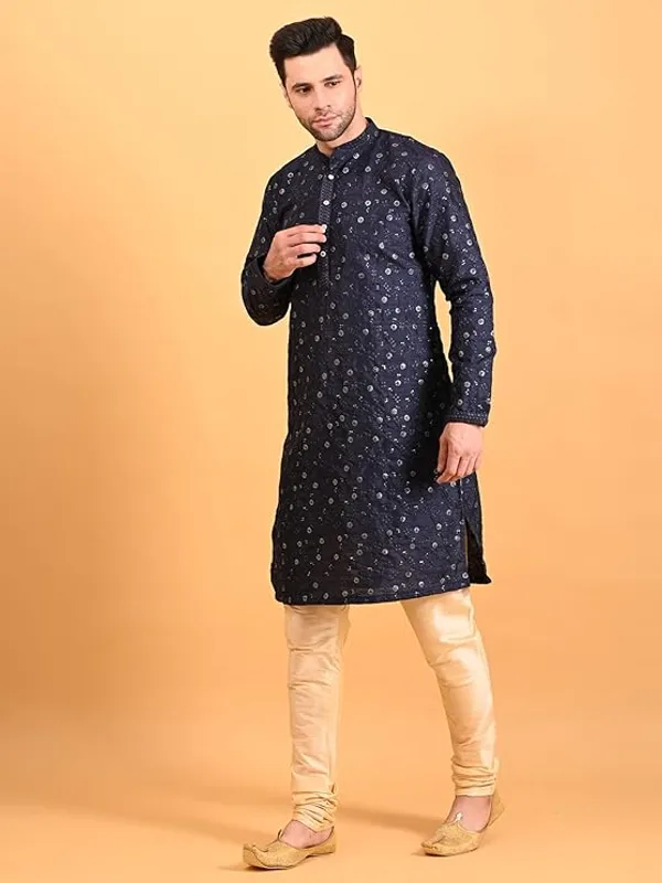Navy_Blue_&_Golden_Embroidery_Silk_Kurta_Pyjama_Set_For_Men