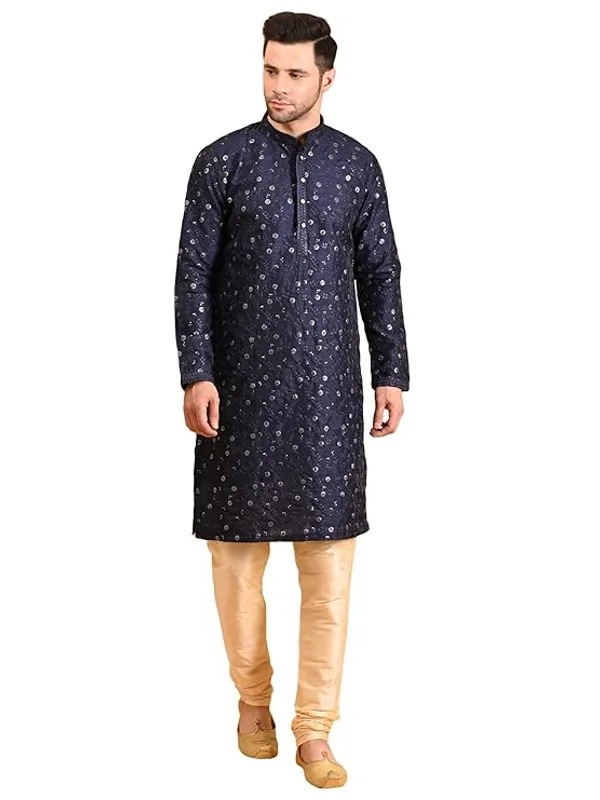 Navy_Blue_&_Golden_Embroidery_Silk_Kurta_Pyjama_Set_For_Men