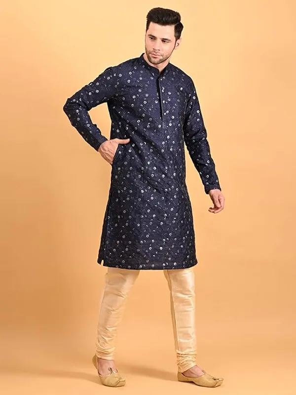 Navy_Blue_&_Golden_Embroidery_Silk_Kurta_Pyjama_Set_For_Men