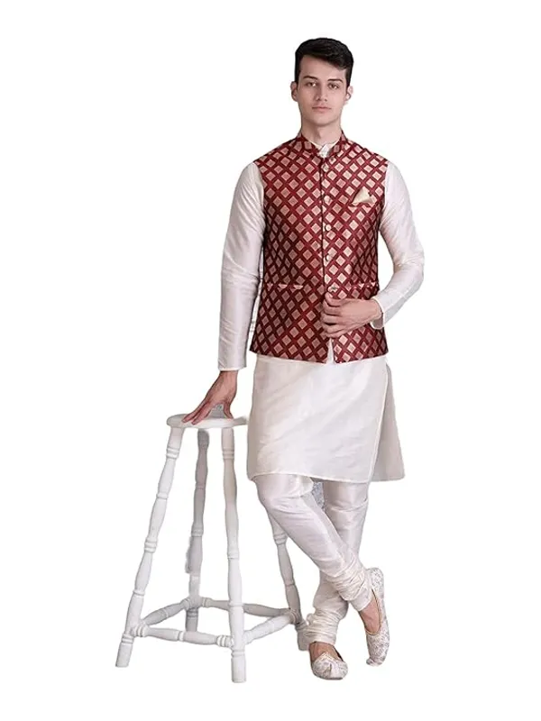 Cream_&_Maroon_Silk_Blend_Kurta_Pajama_With_Designer_Ethnic_Nehru_Jacket_For_Men