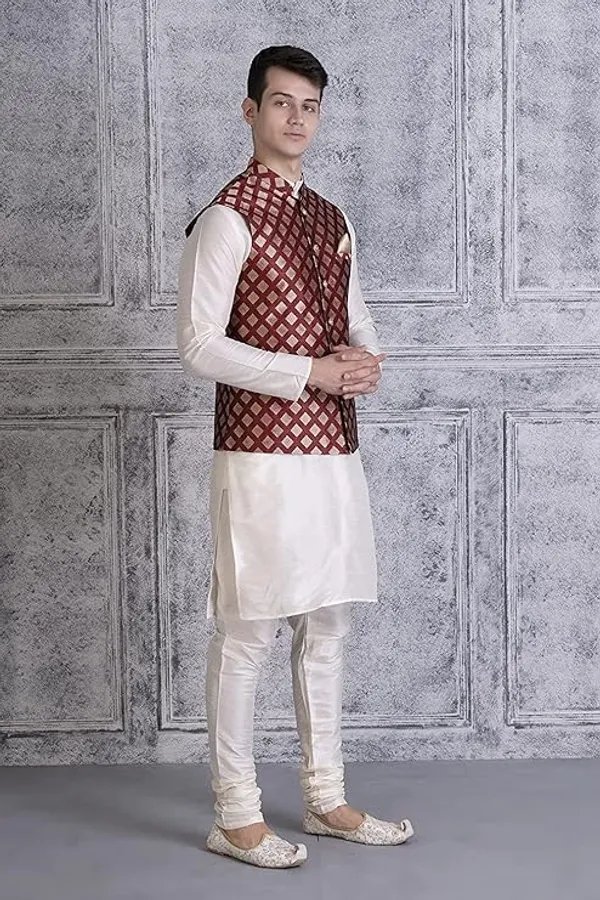 Cream_&_Maroon_Silk_Blend_Kurta_Pajama_With_Designer_Ethnic_Nehru_Jacket_For_Men