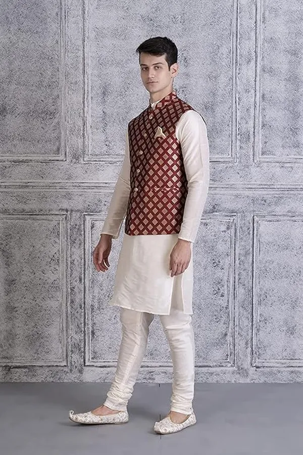 Cream_&_Maroon_Silk_Blend_Kurta_Pajama_With_Designer_Ethnic_Nehru_Jacket_For_Men