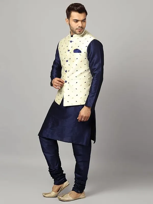 Navy_Blue_Silk_Blend_Kurta_Pajama_With_Designer_Ethnic_Nehru_Jacket_For_Men