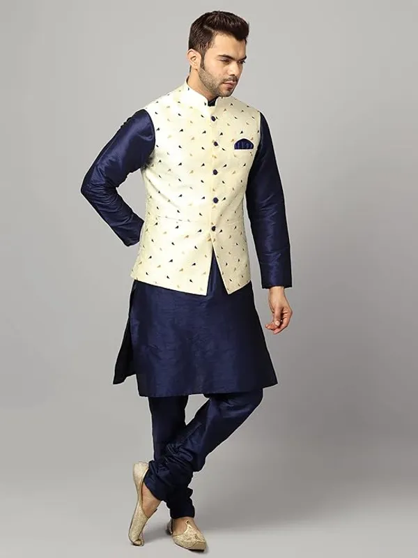 Navy_Blue_Silk_Blend_Kurta_Pajama_With_Designer_Ethnic_Nehru_Jacket_For_Men