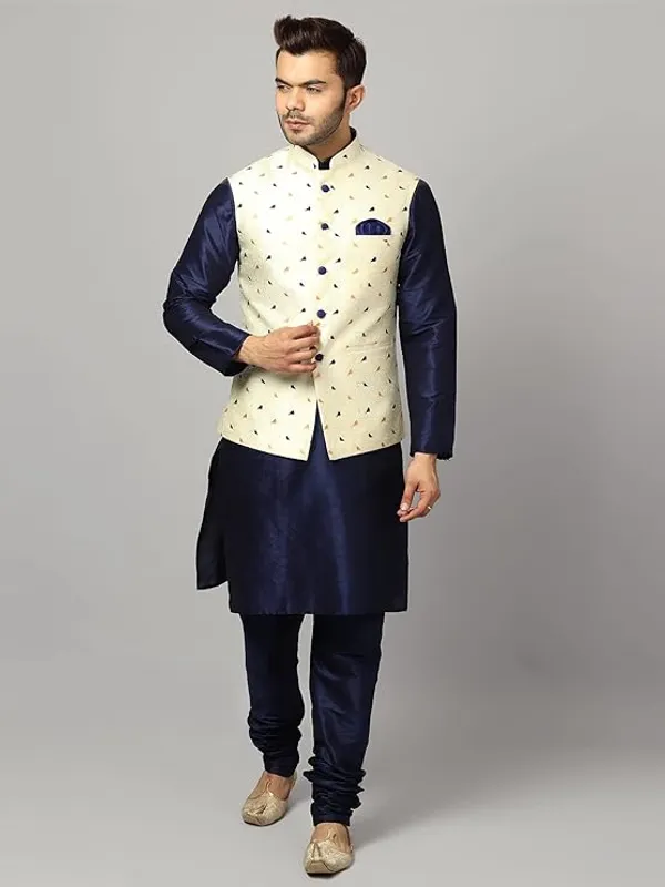 Navy_Blue_Silk_Blend_Kurta_Pajama_With_Designer_Ethnic_Nehru_Jacket_For_Men