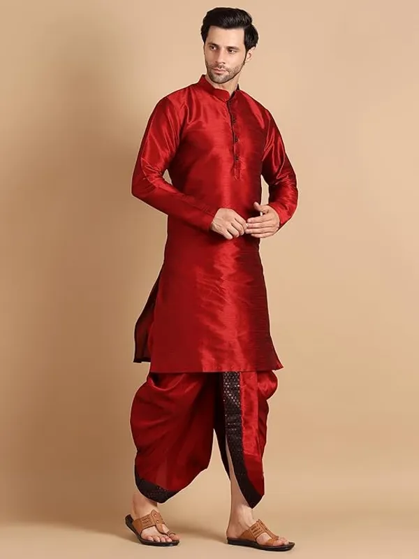 Maroon_Dupion_Silk_Readymade_Dhoti_Kurta_Set_For_Men