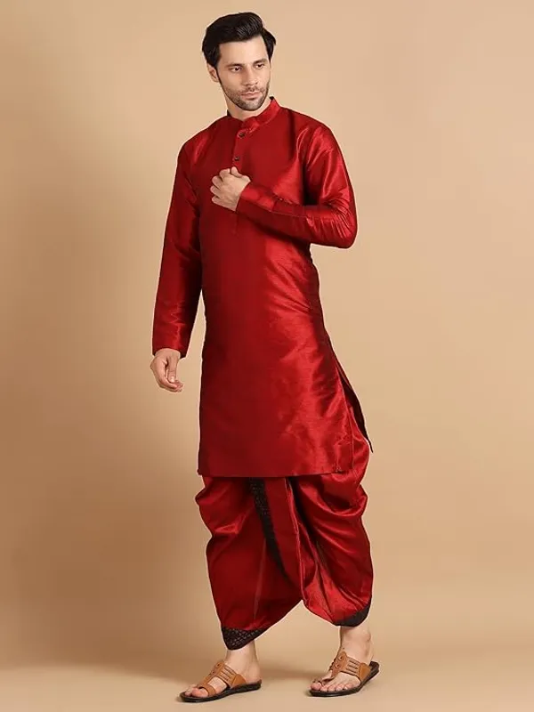 Maroon_Dupion_Silk_Readymade_Dhoti_Kurta_Set_For_Men