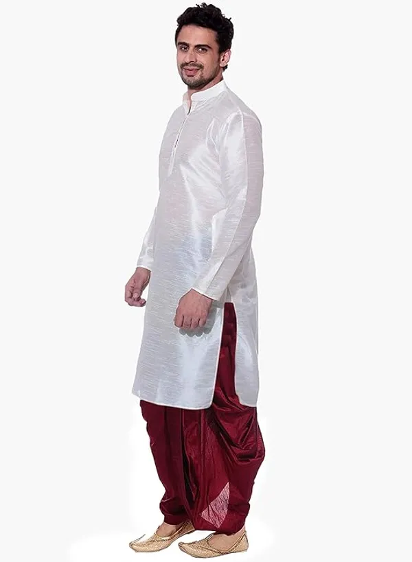 White_Dupion_Silk_Readymade_Dhoti_Kurta_Set_For_Men