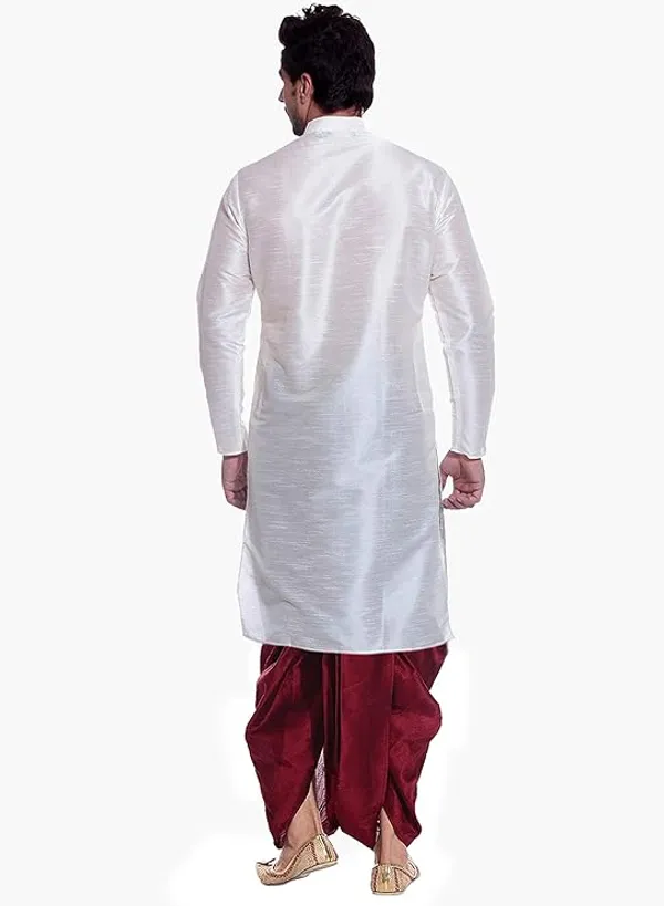 White_Dupion_Silk_Readymade_Dhoti_Kurta_Set_For_Men