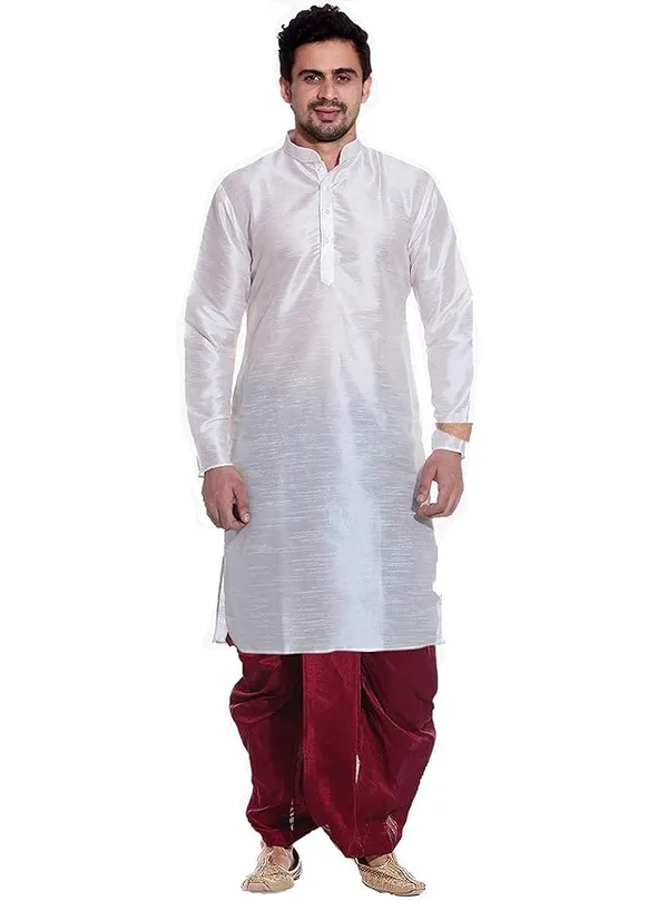 White_Dupion_Silk_Readymade_Dhoti_Kurta_Set_For_Men
