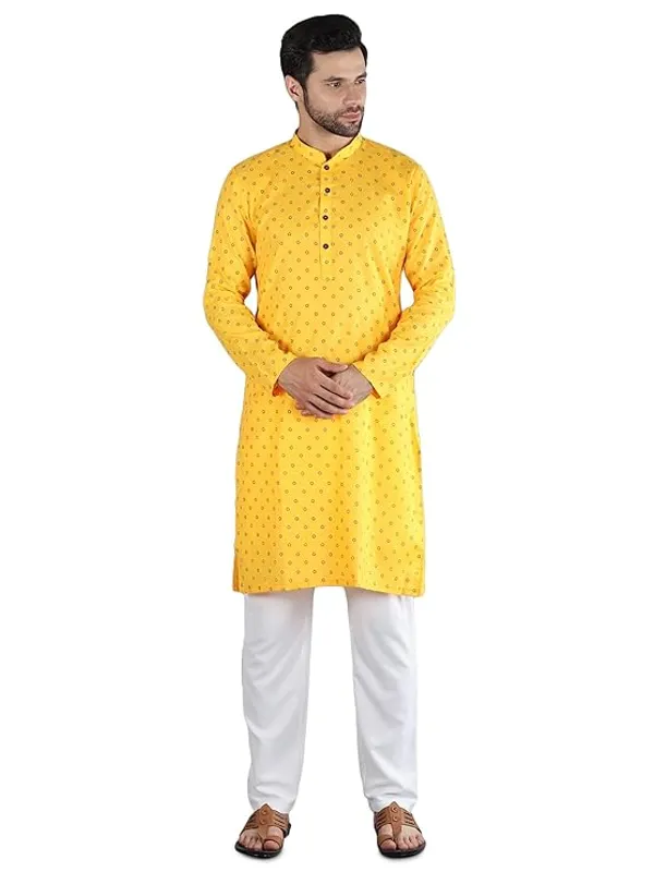 Yellow_&_White_Cotton_Woven_Kurta_Pyjama_Set_For_Men