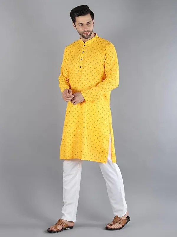 Yellow_&_White_Cotton_Woven_Kurta_Pyjama_Set_For_Men