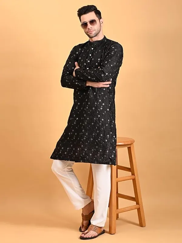 Black_&_White_Embroidery_Silk_Kurta_Pyjama_Set_For_Men