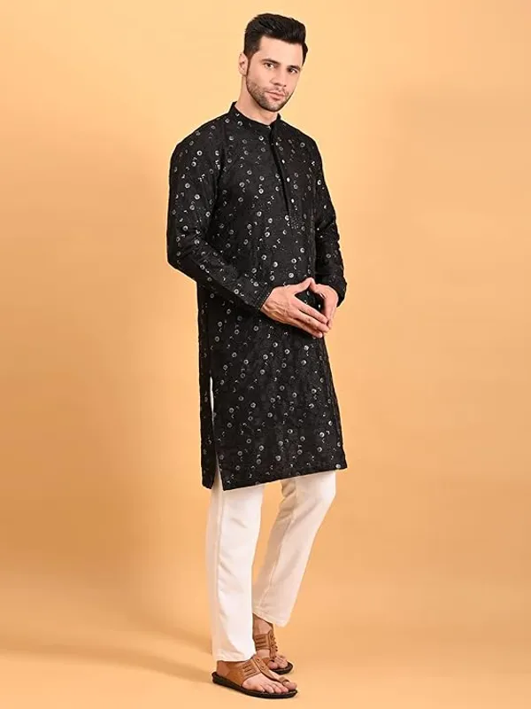 Black_&_White_Embroidery_Silk_Kurta_Pyjama_Set_For_Men