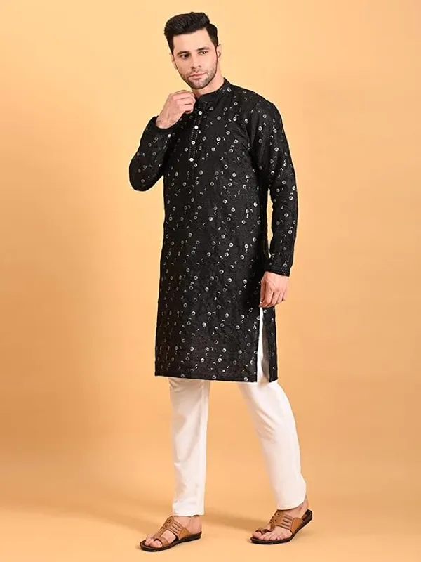 Black_&_White_Embroidery_Silk_Kurta_Pyjama_Set_For_Men
