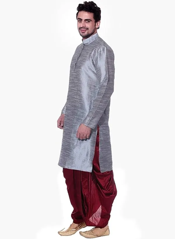 Dim_Grey_Dupion_Silk_Readymade_Dhoti_Kurta_Set_For_Men