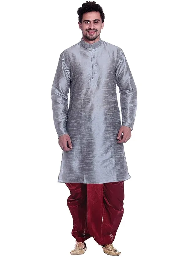 Dim_Grey_Dupion_Silk_Readymade_Dhoti_Kurta_Set_For_Men