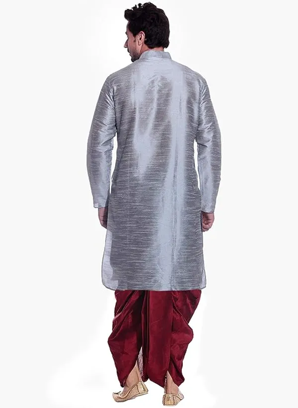 Dim_Grey_Dupion_Silk_Readymade_Dhoti_Kurta_Set_For_Men