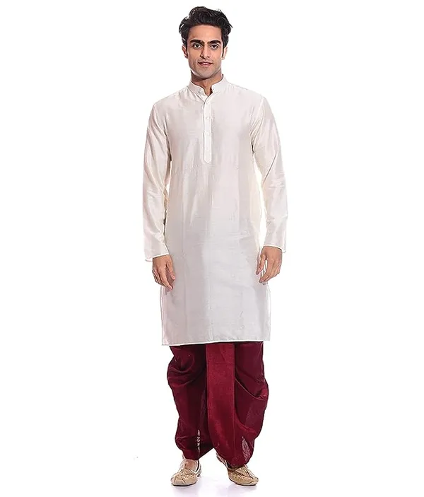 Ivory_Dupion_Silk_Readymade_Dhoti_Kurta_Set_For_Men