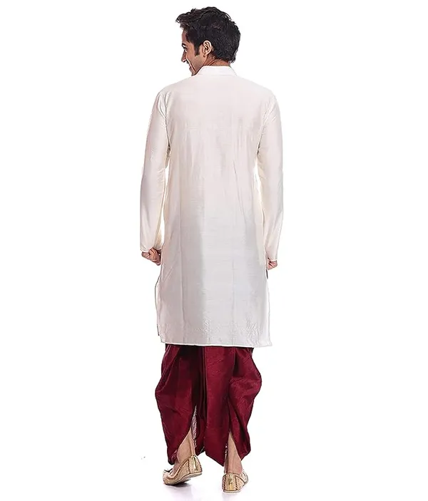 Ivory_Dupion_Silk_Readymade_Dhoti_Kurta_Set_For_Men