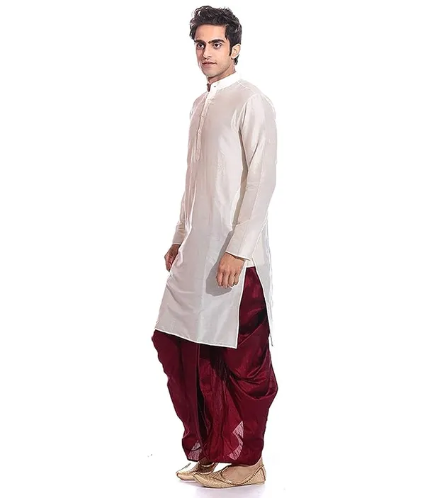Ivory_Dupion_Silk_Readymade_Dhoti_Kurta_Set_For_Men