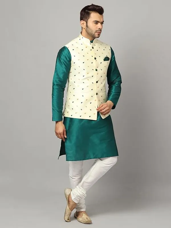 Green_Silk_Blend_Kurta_Pajama_With_Designer_Ethnic_Nehru_Jacket_For_Men