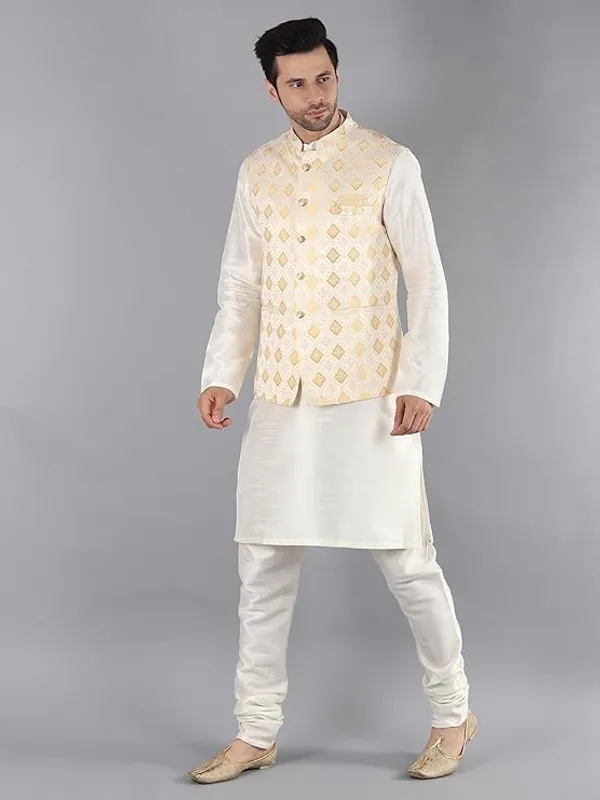 Cream_&_Yellow_Silk_Blend_Kurta_Pajama_With_Designer_Ethnic_Nehru_Jacket_For_Men