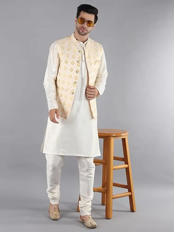 Cream_&_Yellow_Silk_Blend_Kurta_Pajama_With_Designer_Ethnic_Nehru_Jacket_For_Men