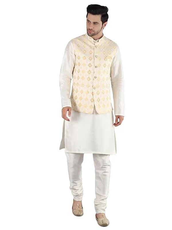 Cream_&_Yellow_Silk_Blend_Kurta_Pajama_With_Designer_Ethnic_Nehru_Jacket_For_Men