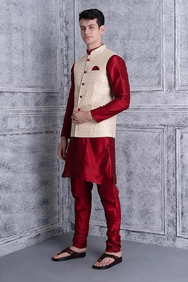 Maroon_&_Golden_Silk_Blend_Kurta_Pajama_With_Designer_Ethnic_Nehru_Jacket_For_Men