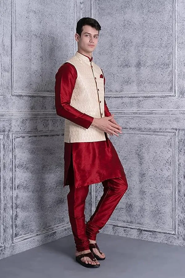 Maroon_&_Golden_Silk_Blend_Kurta_Pajama_With_Designer_Ethnic_Nehru_Jacket_For_Men