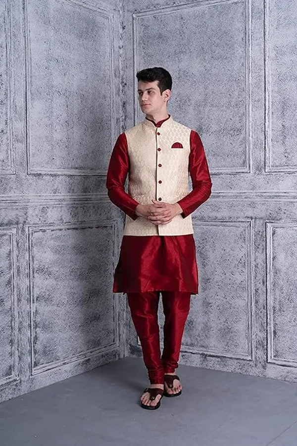 Maroon_&_Golden_Silk_Blend_Kurta_Pajama_With_Designer_Ethnic_Nehru_Jacket_For_Men